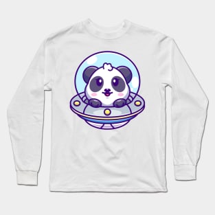 Cute panda flying with spaceship ufo cartoon Long Sleeve T-Shirt